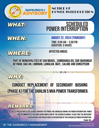 SCHEDULE POWER INTERRUPTION (AUGUST 22, 2024) between 8:00 AM - 5:00PM