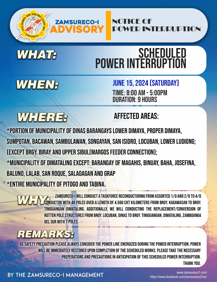 SCHEDULE POWER INTERRUPTION (JUNE 15, 2024) between 9:00 AM - 5:00PM