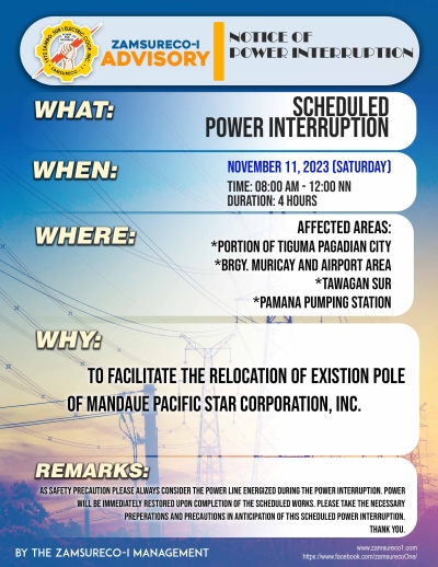 SCHEDULE POWER INTERRUPTION (NOVEMBER 11, 2023) between 8:00 AM - 12:00 NN