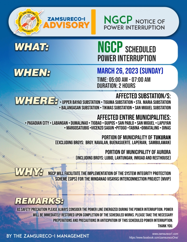 NGCP Scheduled Power Interruption (March 26, 2023) between 5:00 AM - 7:00 AM