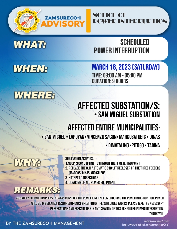 Scheduled Power Interruption (March 18 , 2023) between 8:00 AM - 5:00 PM
