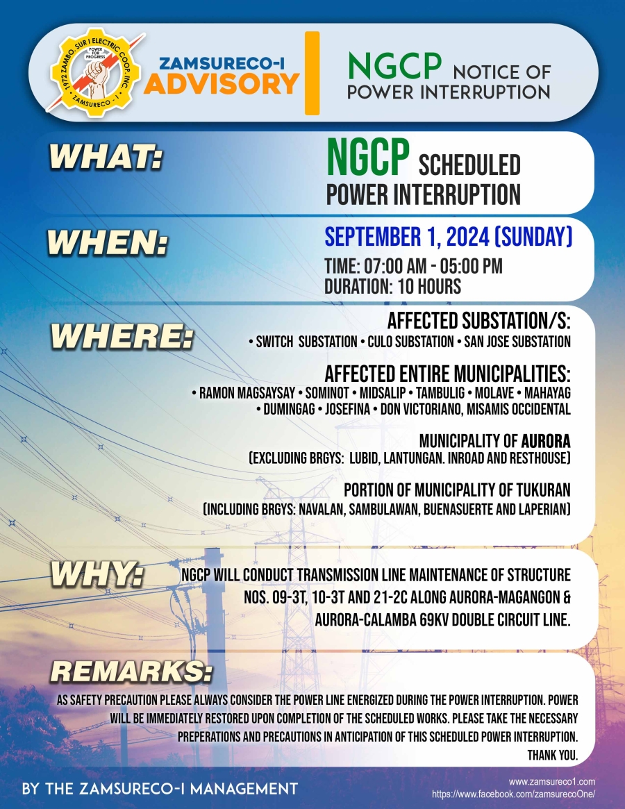 NGCP UNSCHEDULE POWER INTERRUPTION (September 1, 2024) between 7:00 AM - 5:00 PM