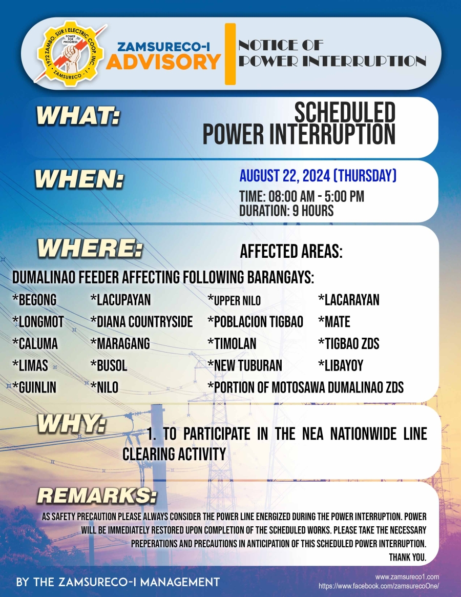 SCHEDULE POWER INTERRUPTION (AUGUST 22, 2024) between 8:00 AM - 5:00PM