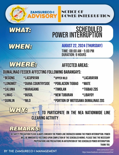 SCHEDULE POWER INTERRUPTION (AUGUST 22, 2024) between 8:00 AM - 5:00PM