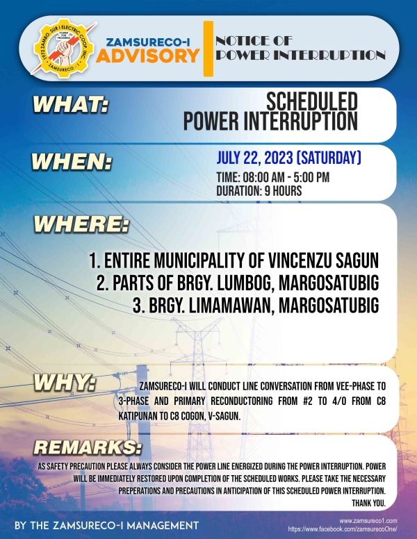 Schedule Power Interruption (JULY 22, 2023) between 8:00 AM - 5:00 PM