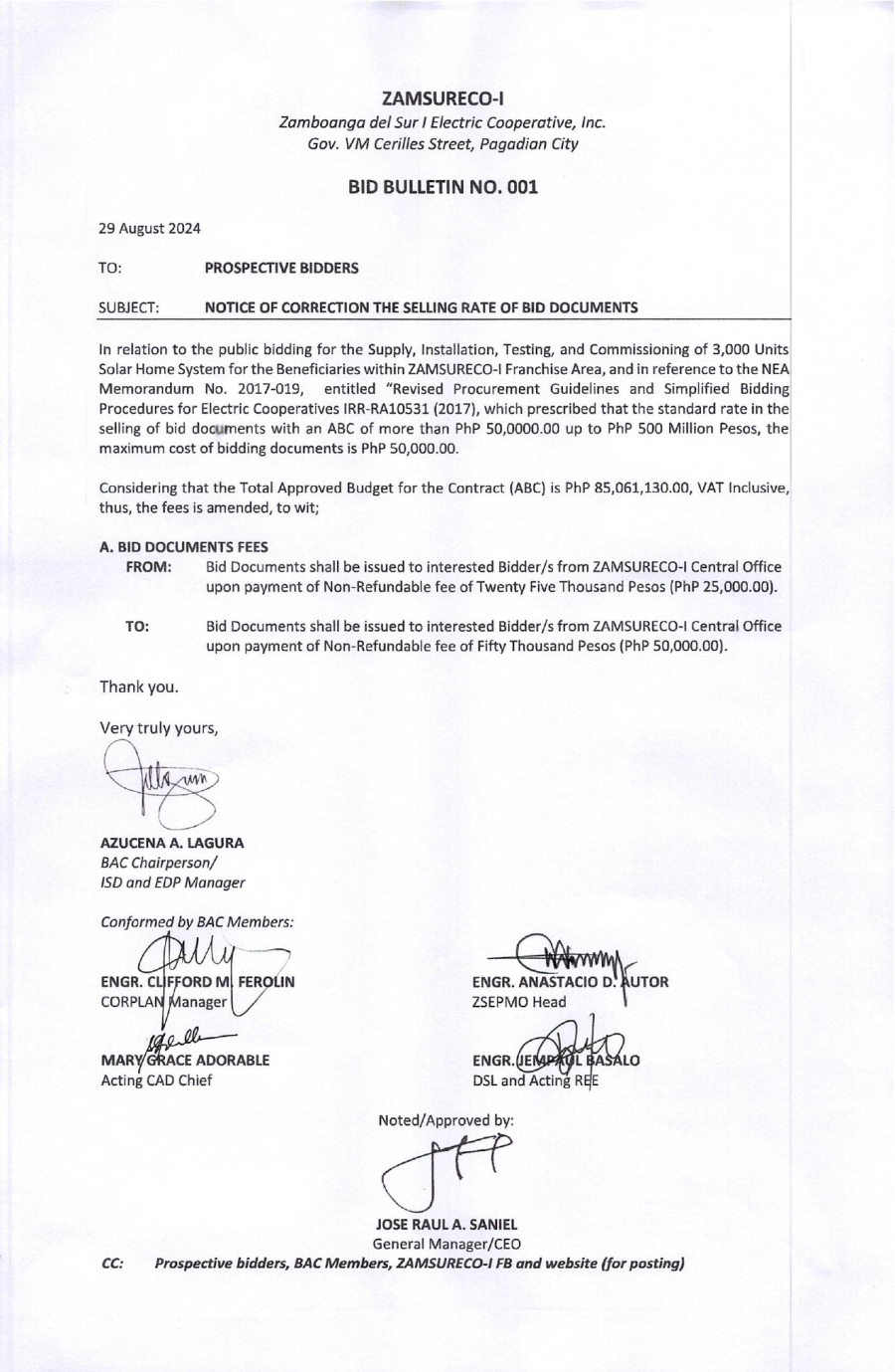 BID BULLETIN NO 001-NOTICE OF CORRECTION THE SELLING RATE OF BID DOCUMENTS