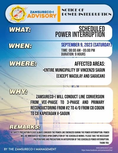 SCHEDULE POWER INTERRUPTION (SEPTEMBER 9, 2023) between 8:00 AM - 5:00 PM