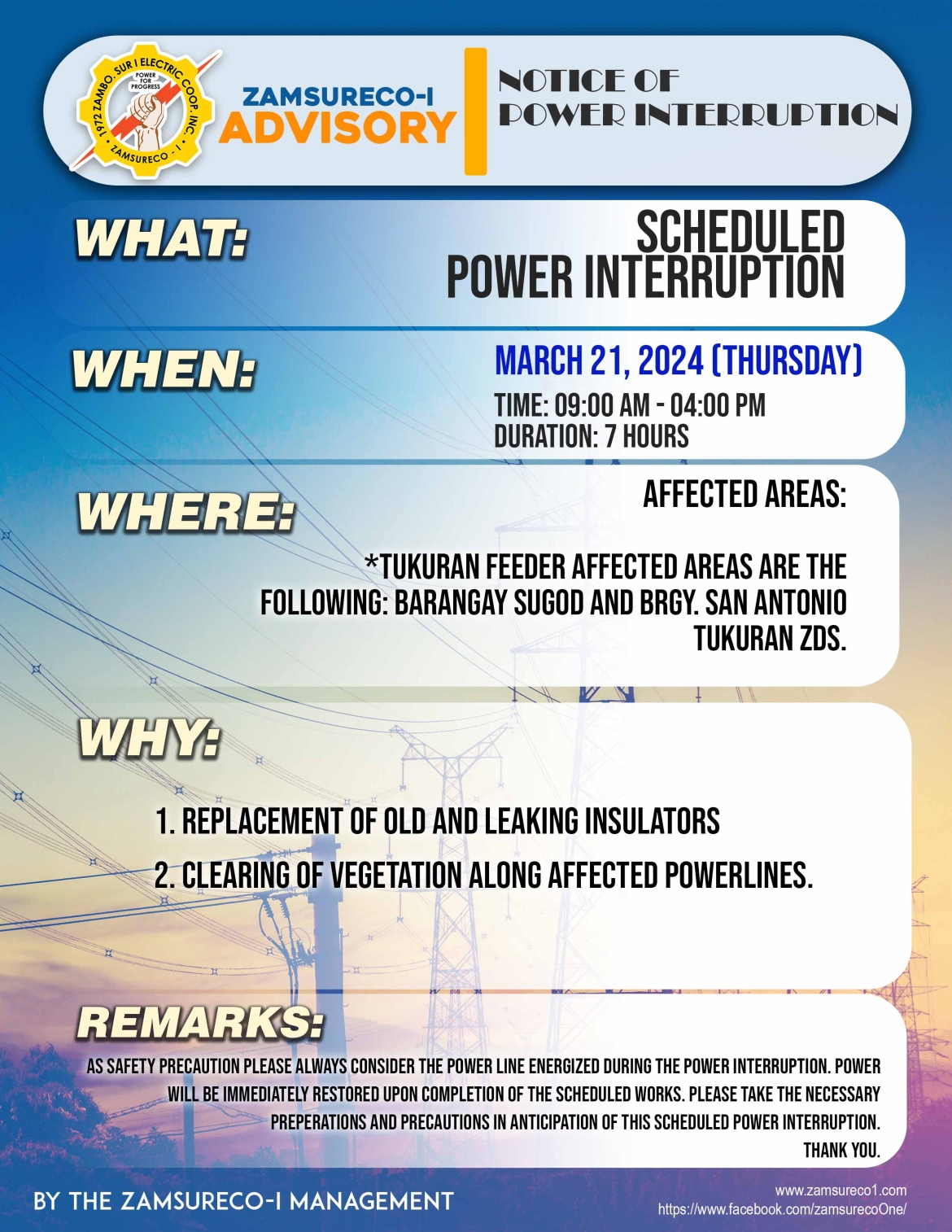 SCHEDULE POWER INTERRUPTION (March 21, 2024) between 9:00 AM - 4:00 PM