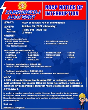 NGCP Scheduled Power Interruption (OCTOBER 15, 2022) between 12:00 PM - 2:00 PM