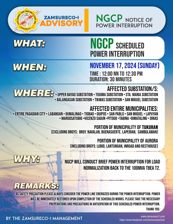 NGCP SCHEDULE POWER INTERRUPTION (November 17, 2024) between 12:00 NN - 12:30 PM