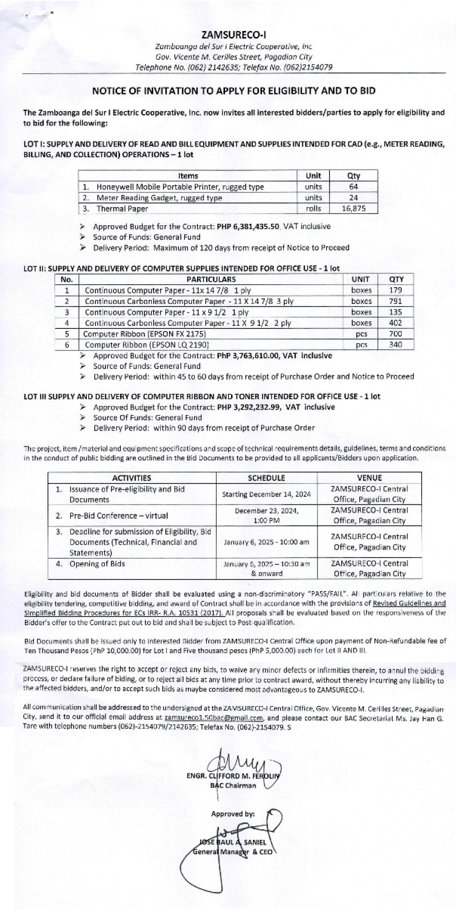 NOTICE OF INVITATION TO APPLY FOR ELIGIBILITY AND TO BID (Publication Date: DECEMBER 14, 2024)