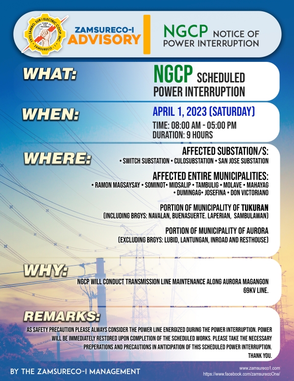 NGCP Scheduled Power Interruption (APRIL 1, 2023) between 8:00 AM- 5:00 PM