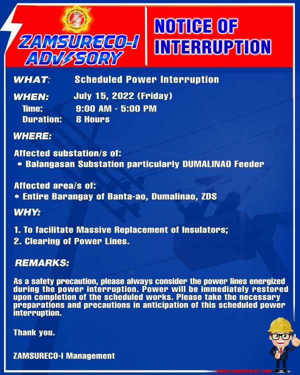 Scheduled Power Interruption (July 15, 2022) between 9:00 am to 5:00 pm