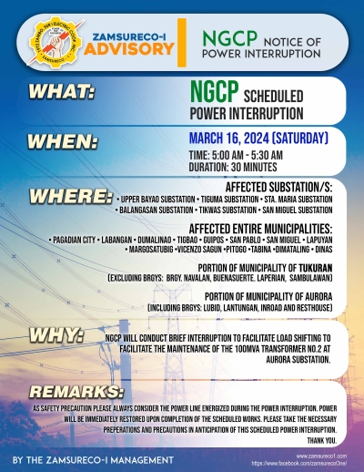 NGCP SCHEDULE POWER INTERRUPTION (March 16, 2024) between 5:00 AM TO 5:30 AM