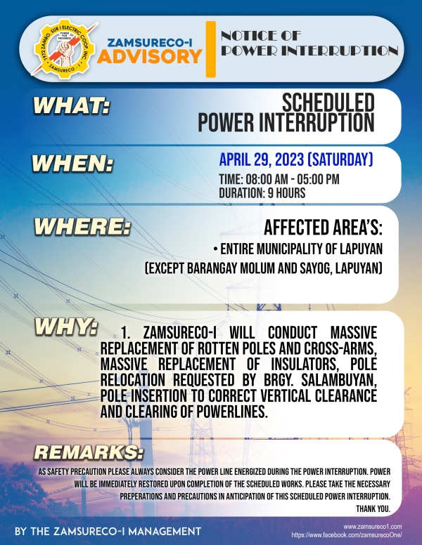 Scheduled Power Interruption (April 29, 2023) between 8:00 AM - 5:00 PM,