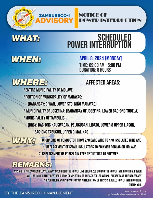 SCHEDULE POWER INTERRUPTION (APRIL 8, 2024) between 9:00 AM - 5:00 PM