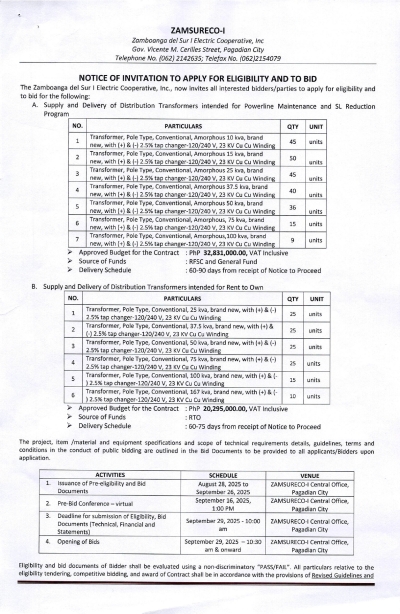 NOTICE OF INVITATION TO APPLY FOR ELIGIBILITY AND TO BID (Publication Date: AUGUST 28, 2025)