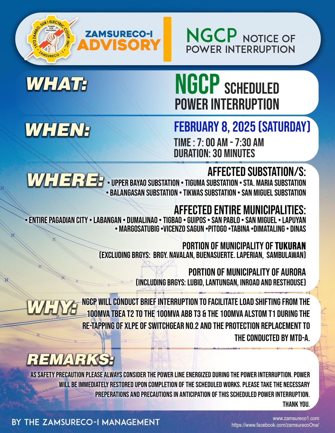 NGCP SCHEDULE POWER INTERRUPTION (NOVEMBER 15, 2024) between 8:00 AM - 4:00PM