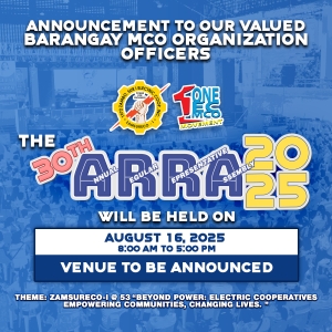 ZAMSURECO-I&#039;s 30th Annual Regular Representative Assembly (ARRA) on August 16, 2025, Saturday, 8:00AM-5:00 PM
