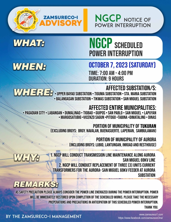 NGCP SCHEDULE POWER INTERRUPTION (OCTOBER 7, 2023) between 7:00 AM TO 4:00 PM