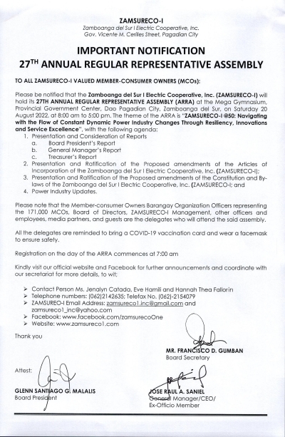 Important Notification of the ZAMSURECO-I&#039;s 27th Annual Regular Representative Assembly (ARRA) on August 20, 2022, Saturday, 7:00AM-5:00PM