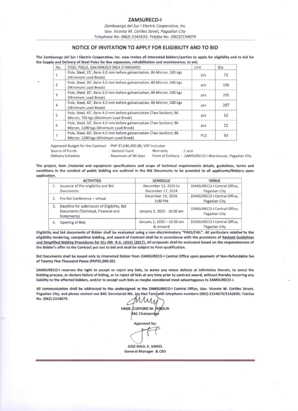 NOTICE OF INVITATION TO APPLY FOR ELIGIBILITY AND TO BID (Publication Date: DECEMBER 13, 2024)