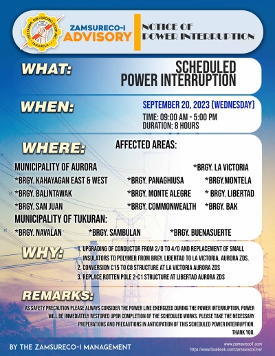 SCHEDULE POWER INTERRUPTION (SEPTEMBER 20, 2023) between 9:00 AM - 5:00 PM