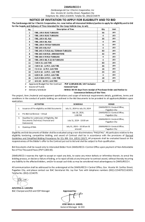 NOTICE OF INVITATION TO APPLY FOR ELIGIBILITY AND TO BID (Publication Date: JULY 11, 2024)