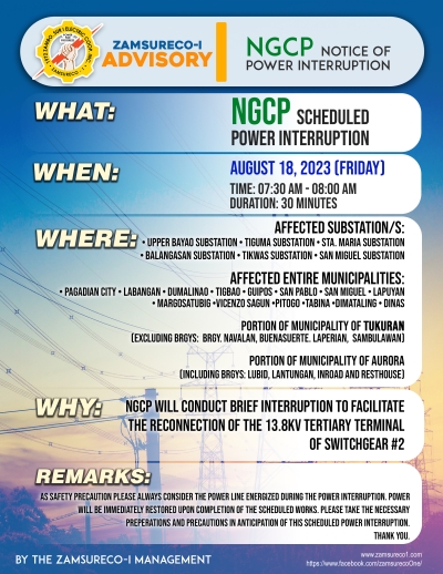 NGCP Schedule Power Interruption (AUGUST 18, 2023) between 7:30 AM - 8:00 AM