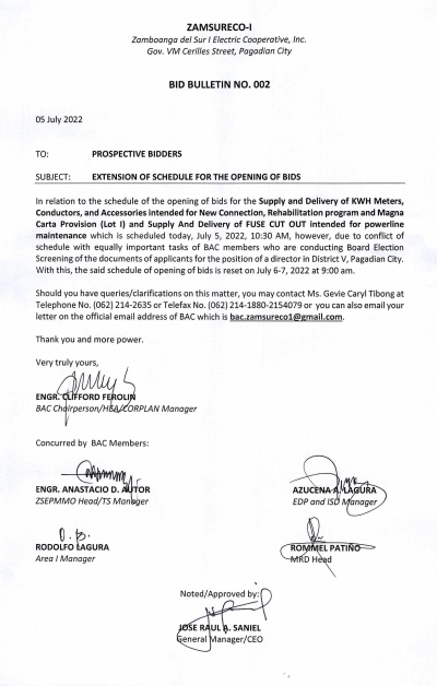 Extension of Schedule for the Opening of Bids