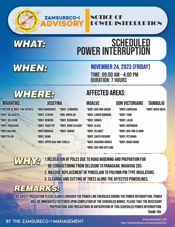 SCHEDULE POWER INTERRUPTION (NOVEMBER 24, 2023) between 9:00 AM - 4:00 PM