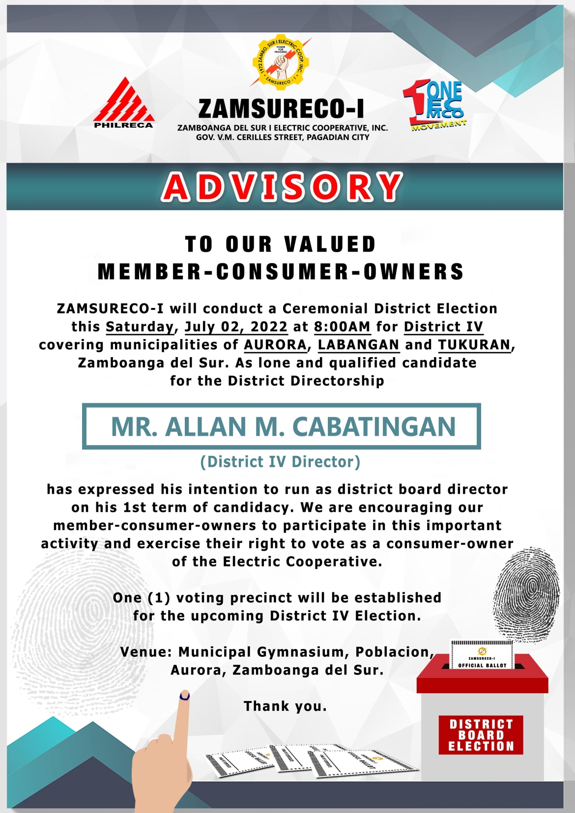Notice of the Qualified Board Director of District IV on July 02, 2022, 8:00AM, Saturday