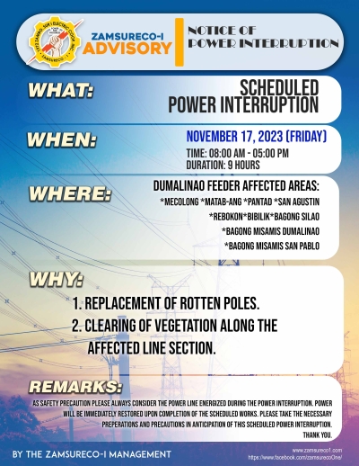 SCHEDULE POWER INTERRUPTION (NOVEMBER 17, 2023) between 8:00 AM - 5:00 PM