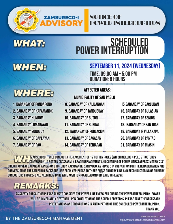 SCHEDULE POWER INTERRUPTION (SEPTEMBER 11, 2024) between 9:00 AM - 5:00PM