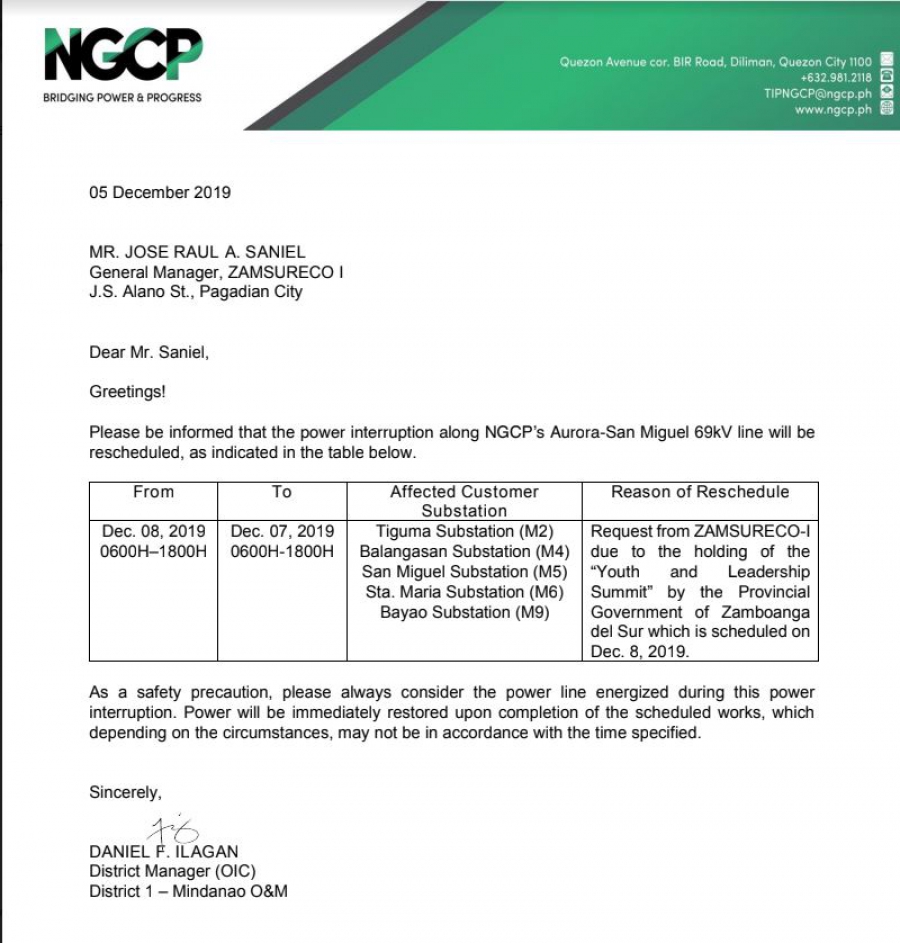 NGCP Scheduled Power Interruption (December 08, 2019)