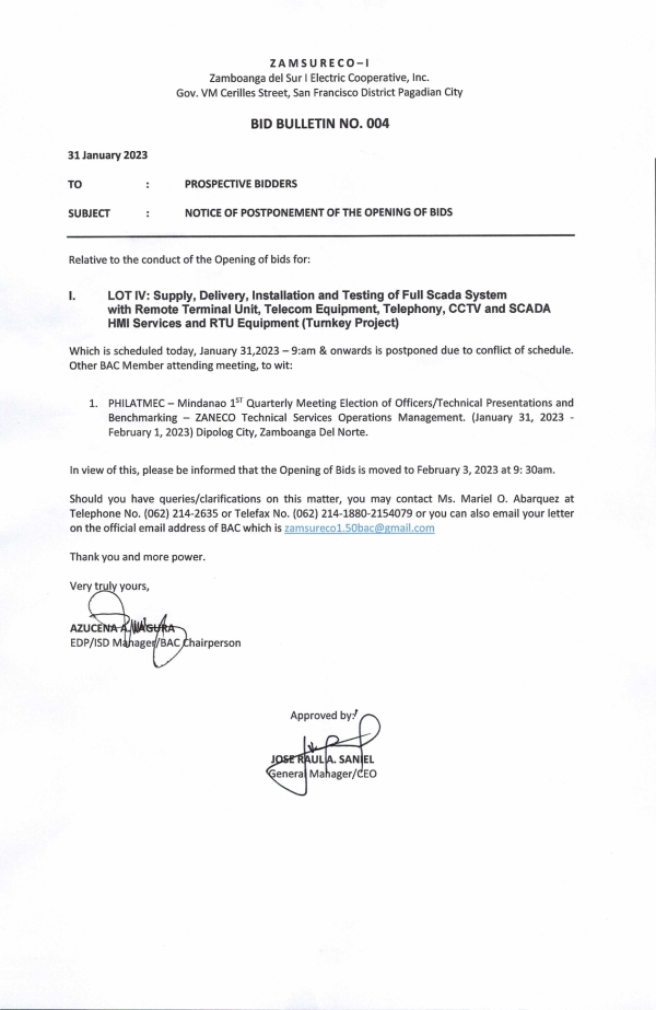 BID BULLETIN NO 004-NOTICE OF POSTPONEMENT OF THE OPENING OF BIDS