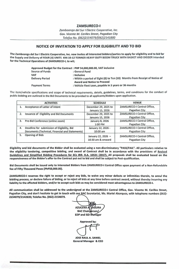 NOTICE OF INVITATION TO APPLY FOR ELIGIBILITY AND TO BID (Publication Date: DECEMBER 29, 2025)