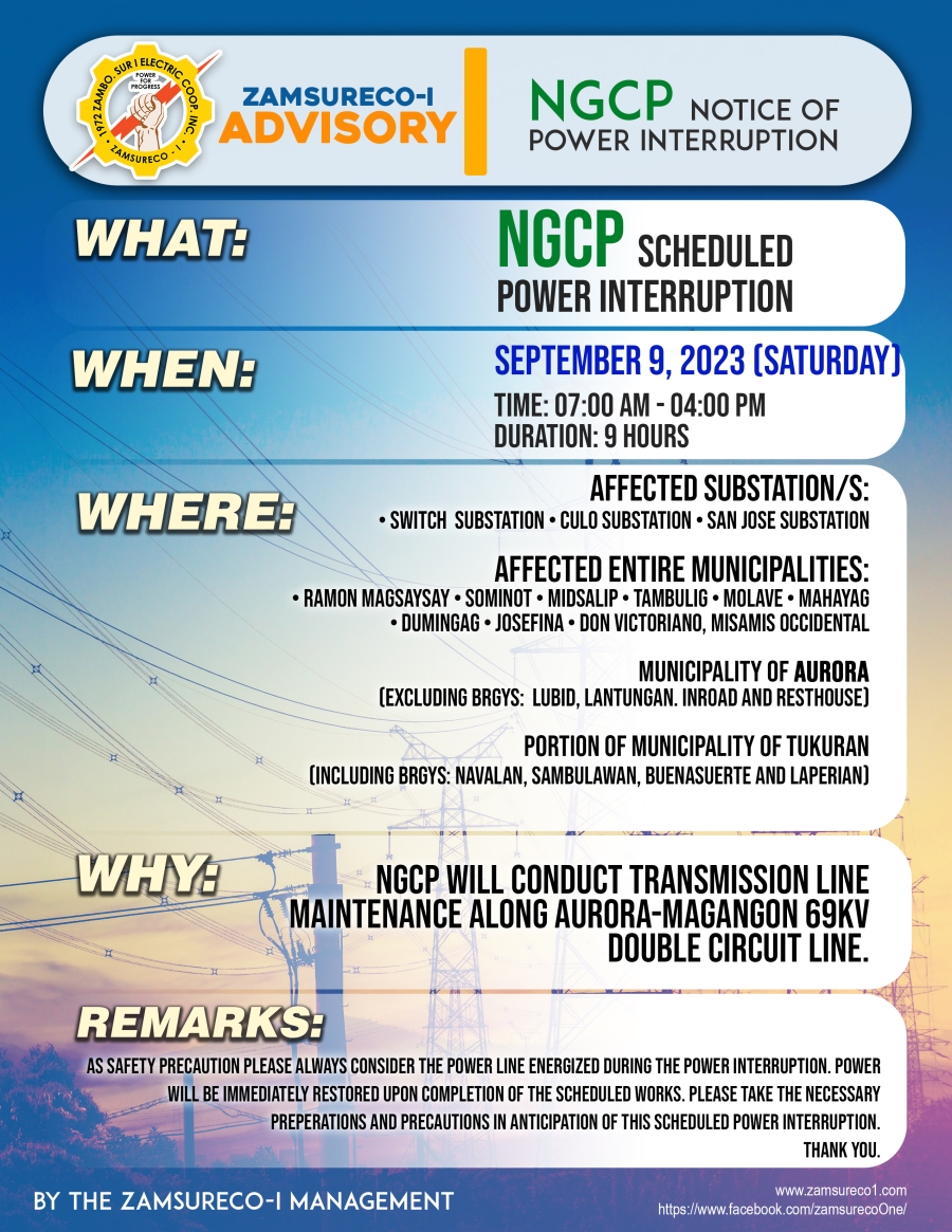 NGCP SCHEDULE POWER INTERRUPTION (SEPTEMBER 9, 2023) between 17:00 AM TO 4:00 PM