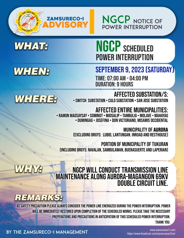 NGCP SCHEDULE POWER INTERRUPTION (SEPTEMBER 9, 2023) between 17:00 AM TO 4:00 PM