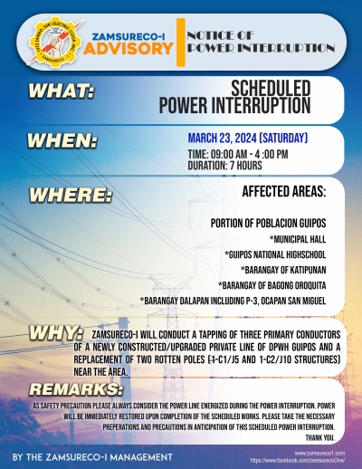 SCHEDULE POWER INTERRUPTION (March 23, 2024) between 9:00 AM - 4:00 PM