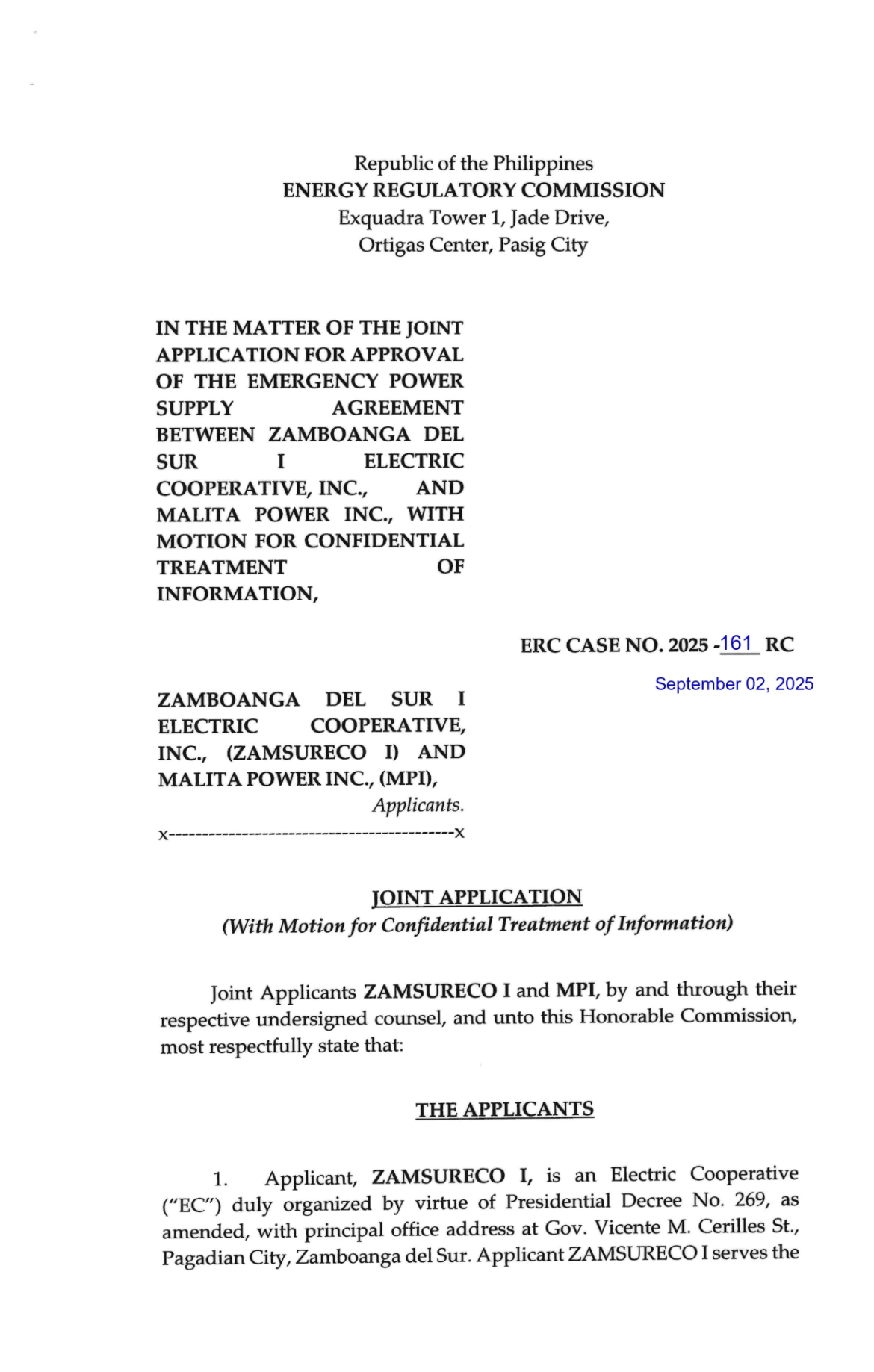 NOTICE OF JOINT APPLICATION ERC CASE NO. 2025-161 RC