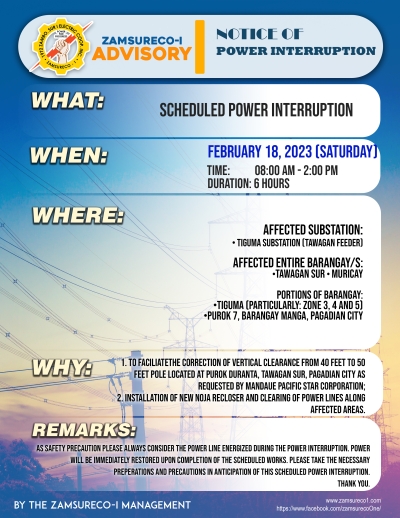 Scheduled Power Interruption (February 18, 2023) between 8:00 AM - 2:00 PM
