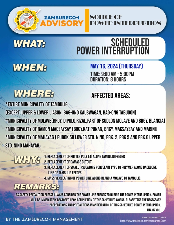 SCHEDULE POWER INTERRUPTION (MAY 16, 2024) between 9:00 AM - 5:00 PM