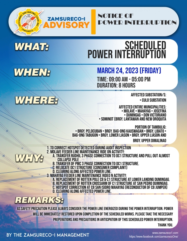 Scheduled Power Interruption (March 24 , 2023) between 9:00 AM - 5:00 PM