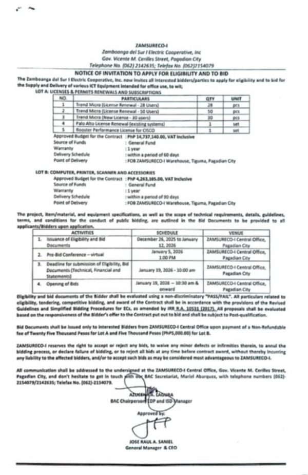 NOTICE OF INVITATION TO APPLY FOR ELIGIBILITY AND TO BID (Publication Date: DECEMBER 26, 2025)