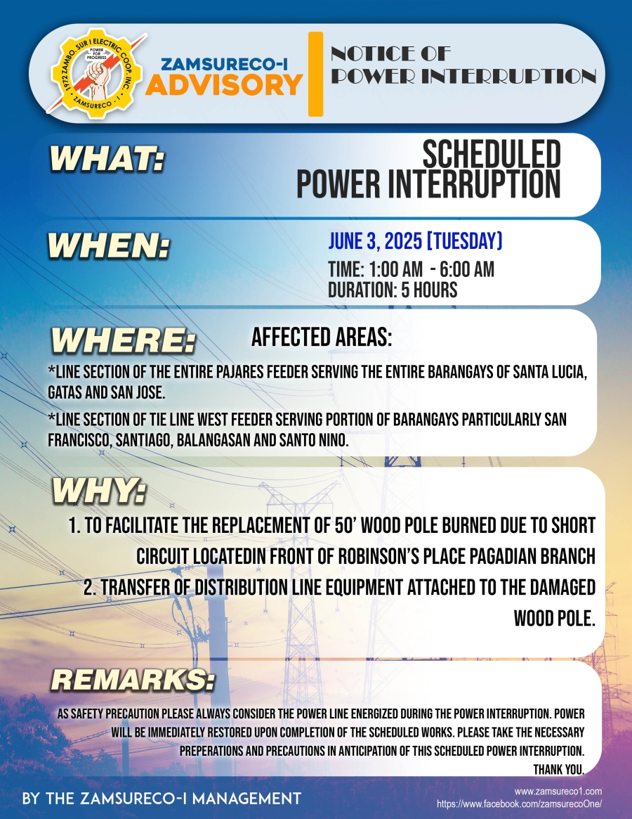 SCHEDULE POWER INTERRUPTION JUNE 3, 2025) between 1:00 AM - 6:00 AM
