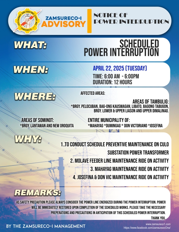 SCHEDULE POWER INTERRUPTION APRIL 22, 2025) between 6:00 AM - 6:00 PM