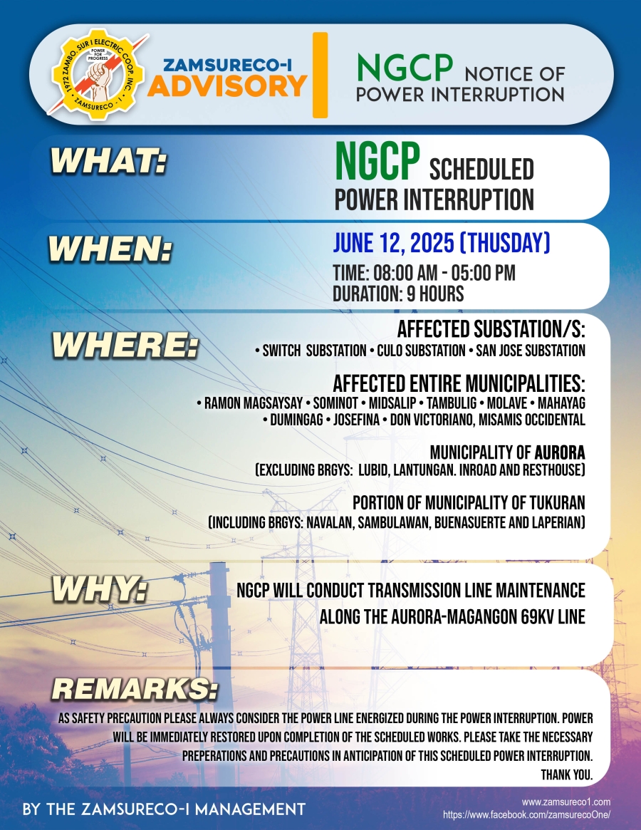 NGCP SCHEDULE POWER INTERRUPTION JUNE 12, 2025) between 8:00 AM - 5:00 PM