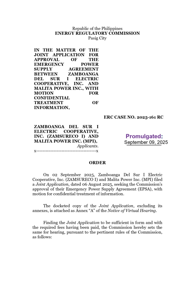NOTICE OF ORDER IN CONNECTION WITH ERC CASE NO. 2025-161 RC