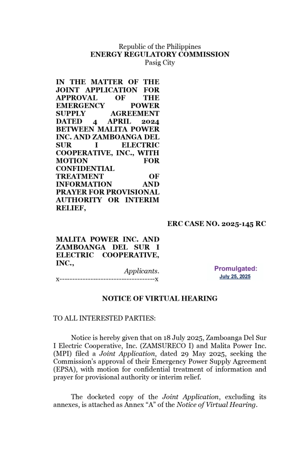 NOTICE OF VIRTUAL HEARING IN THE MATTER OF THE JOINT APPLICATION BETWEEN ZAMSURECO-I AND MALITA POWER